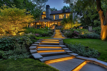 Obraz premium Soft lighting enhances the beauty of garden and home at night