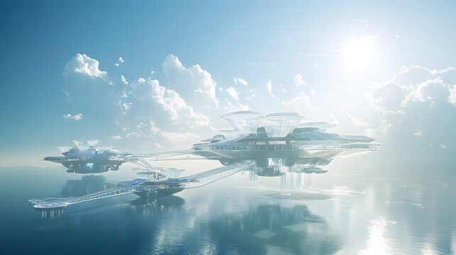 High-Tech Floating City with Solar-Powered Transparent Mega Structures