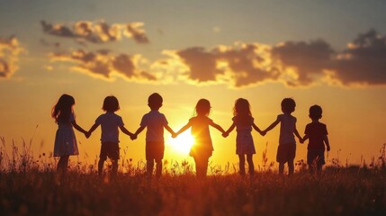 Fototapeta premium Silhouette of children holding hands while playing in a field at sunset, unity and diversity.