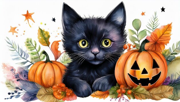 black cat with pumpkins halloween watercolor clip art preview