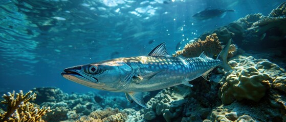 Fototapeta premium Barracuda Stalking Prey in Vibrant Reef Ecosystem