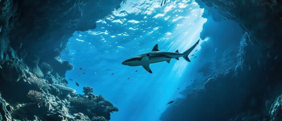 Majestic Shark Gliding Through Enchanting Underwater Canyon