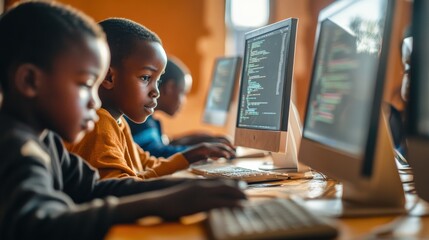 African children learning computer programming in classroom.