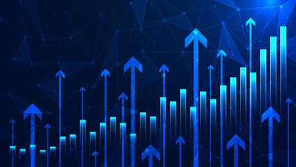 Successful financial boost and up arrow. Rising stock market economy illustration. Futuristic growth bar chart background. Profitable business concept