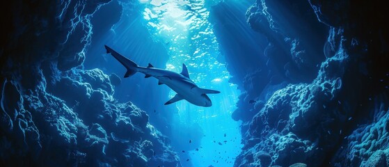 Fototapeta premium Majestic Shark Gliding Through the Depths of an Underwater Canyon