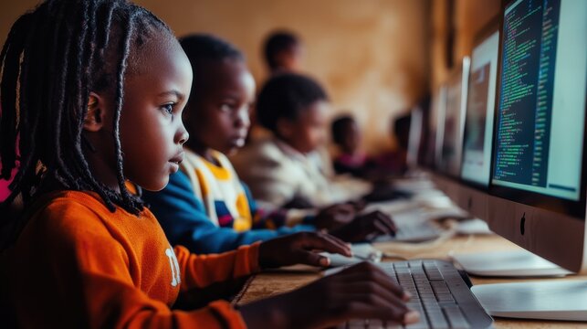African children learning computer programming in classroom.