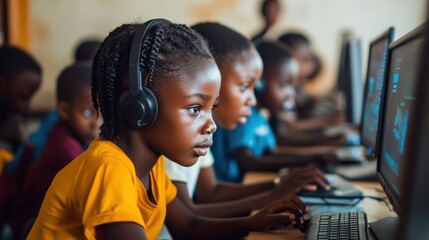 Group of African children in a classroom focused on learning with computers.