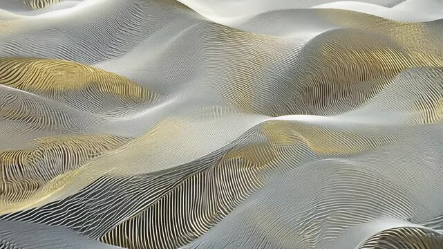 Static video establishing scene: beautiful abstract wave background with woven, intricate texture effect, gold and silver threads colour rendered in 3d