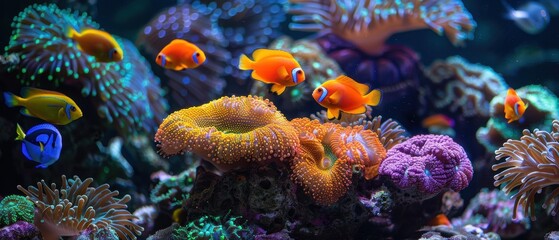 Fototapeta premium Vibrant Tropical Fish Exploring Colorful Coral Garden in Crystal Clear Waters