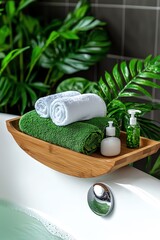 A serene bathroom scene with rolled towels, eco-friendly products, and lush greenery for a relaxing atmosphere.