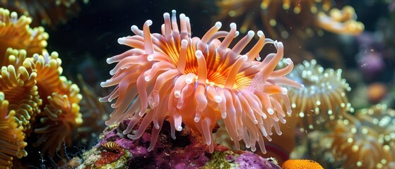 Fototapeta premium Underwater Diversity: Colorful Sea Anemone Surrounded by Various Marine Creatures in Vibrant Ocean Ecosystem