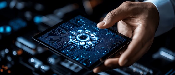 A close-up of a hand holding a tablet displaying high-tech interface, symbolizing innovation and technology.