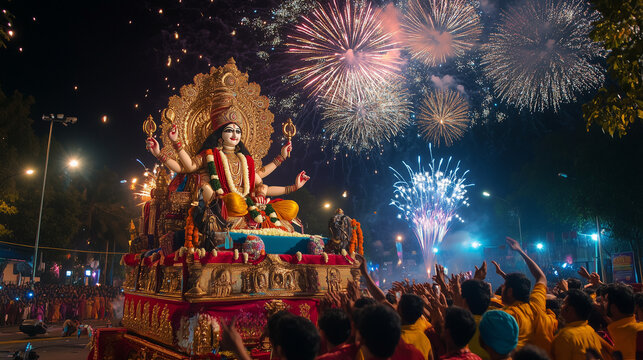 Navaratri festival, view from the parade with the majestic idol of Goddess Durga on a beautifully decorated palanquin, crowd cheering with joy, Ai generated images