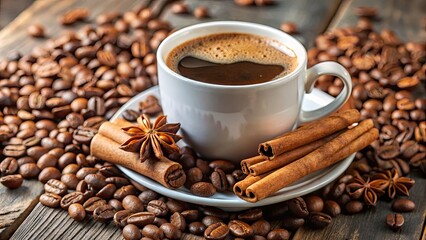 Fototapeta premium Coffee cup surrounded by beans and spices.