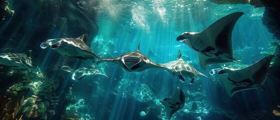 Fototapeta premium Graceful Manta Rays Gliding in Unison Through the Ocean Depths
