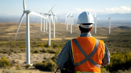 A technician in a safety vest and helmet examines a field filled with towering wind turbines as the sun sets, highlighting a commitment to sustainable energy