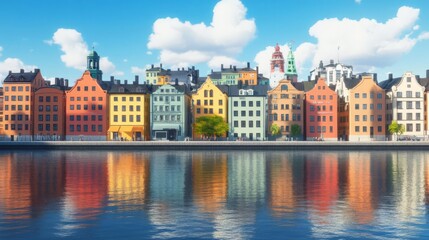 Obraz premium Colorful historic buildings by the waterfront reflect on the water under a bright blue sky, creating a picturesque European cityscape.