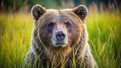 Obraz premium A closeup of a symmetrical grizzly bear in a grassy meadow in Montana USA, big, closeup, Montana, USA, mammal, symmetrical balance, symmetrical, nature, symmetrical alignment, animal