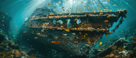 Mystical Shipwreck: Underwater Exploration of a Sunken Vessel Surrounded by Marine Life