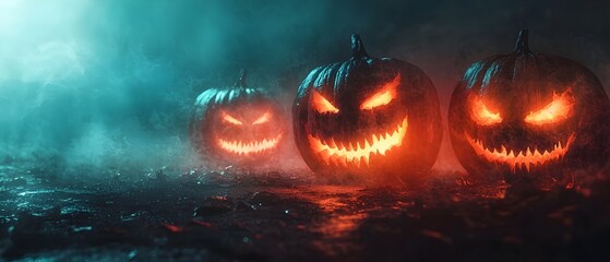 Glowing Alien Pumpkins Illuminating an Ominous Fog Shrouded Halloween Night Landscape  Surreal Supernatural Atmosphere with Copy Space for Text