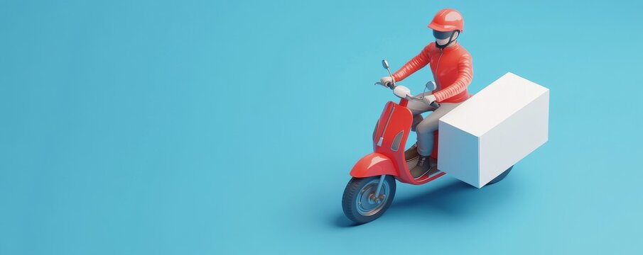 Pizza delivery guy on a red scooter wearing red safety helmet on a blue background