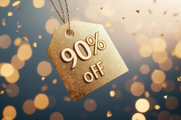 A glittering golden tag displaying a 90% off discount, perfect for promotional campaigns and special sales events.
