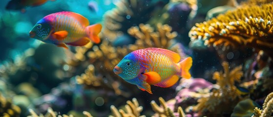 Fototapeta premium Vibrant Parrotfish Feeding on Colorful Coral Reef Bed