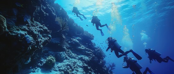 Fototapeta premium Divers Exploring Vibrant Reef Wall Beneath Crystal Blue Waters