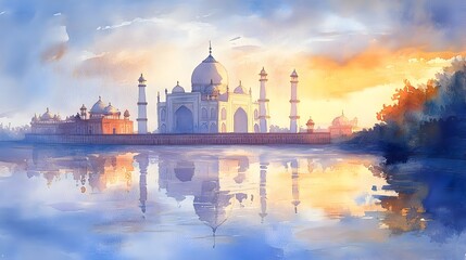 Fototapeta premium Watercolor Impressionist View of Iconic Taj Mahal at Sunrise with Delicate Reflections