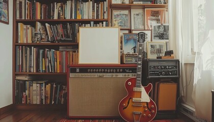 A Guitar Leaning Against an Amplifier in a Room with Bookshelves and a Blank Canvas