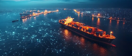Aerial view of a bustling maritime trade hub with a container ship and cargo vessels illuminated at night showcasing the global shipping and logistics network that connects worldwide markets