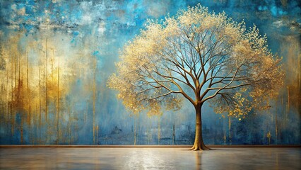 Abstract winter tree painted with gold and blue hues creating a mesmerizing wall art piece for a contemporary decor, winter tree, blue, painting,abstract, wall art, decor