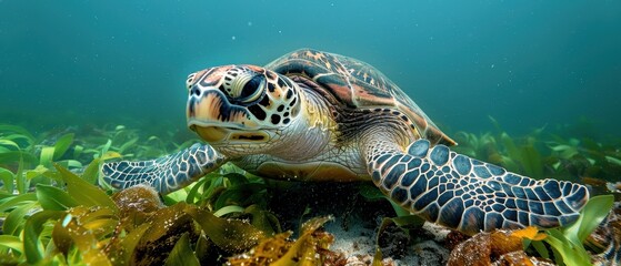 Fototapeta premium Graceful sea turtle grazing on lush underwater vegetation in ocean depths
