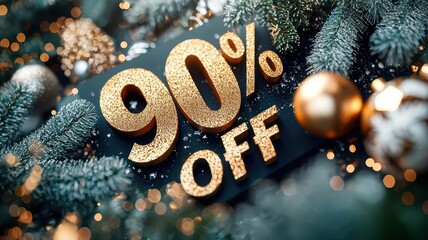 Stunning Christmas sale banner showcasing 90% off with golden text on a festive background, perfect for holiday promotions.
