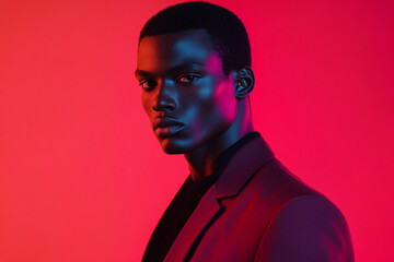 Fototapeta premium Man in Burgundy Blazer with Solid Neon Coral Accents, Bold Fashion Portrait, Trendy Lifestyle Background
