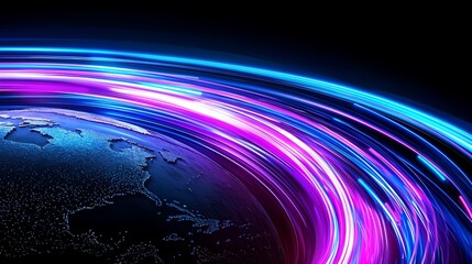 Obraz premium Globe with high-speed light trails wrapping around top view representing fast global data transfer cybernetic tone vivid