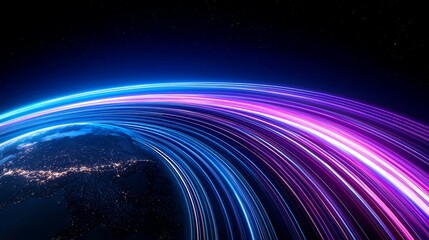 Obraz premium Globe with high-speed light trails wrapping around top view representing fast global data transfer cybernetic tone vivid