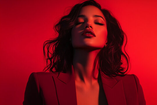Portrait of a fashion woman with suit in red background