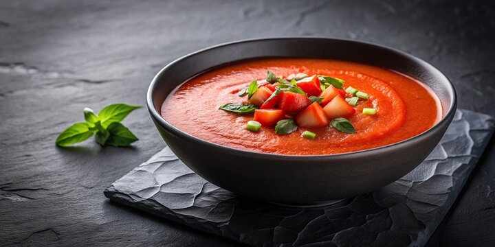 Cold tomato soup gazpacho or salmorejo in a black bowl over dark grey slate or stone background Macro, black bowl, slate background, dark grey, stone background, gazpacho, salmorejo, macro