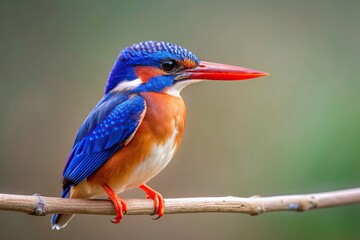 Obraz premium perched, avian, vibrant, feathers, bird, tropical, branch, water, aquatic bird, A stock photo depicting a malachite kingfisher perched on a branch against a clean background