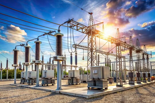technology, high voltage, distribution, A stock photo of a high voltage electric power substation with switchgear and transmission transformers showcasing a forced perspective view