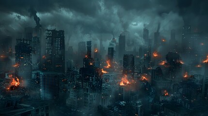 Shadowy Post Apocalyptic Cityscape with Crumbling Buildings and Distant Fires