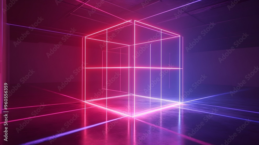 Poster mesmerizing 3d cube structure created by a grid of laser lights in intense red and blue colors showc