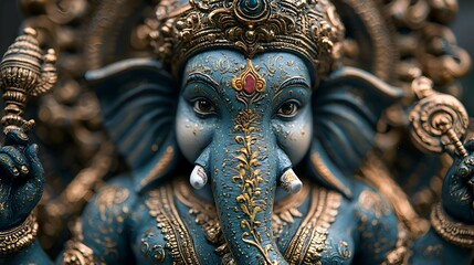 Fototapeta premium Close Up of Blue and Gold Ganesha Statue with Intricate Details