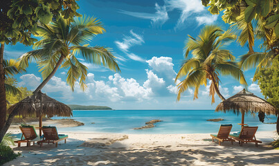 Fototapeta na wymiar Tranquil Tropical Beach with Palm Trees and Straw Umbrellas