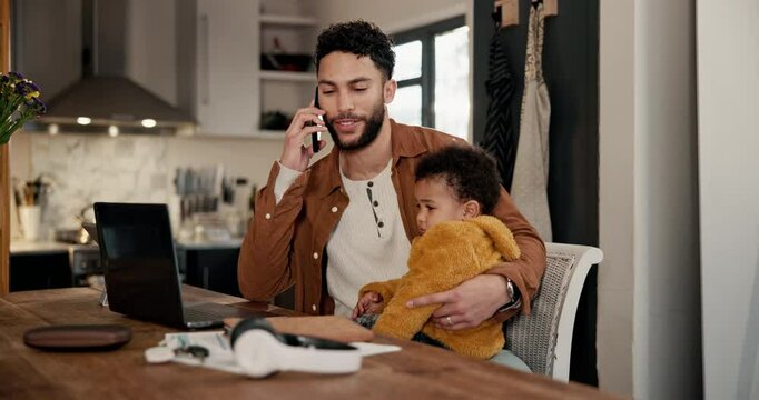 Phone call, remote work and father with child in home kitchen for freelance, business and startup. Family, childcare and dad with baby by laptop with schedule discussion, planning and online project