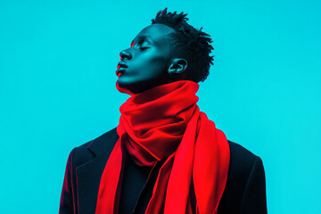 Trendsetting Mens Neon Red Scarf with Solid Neon Blue Chic Fashion Lifestyle Portrait Background