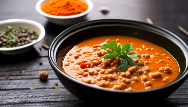 Traditional indian soup lentils. indian dhal spicy curry in bowl, spices, herbs, rustic black wooden table
