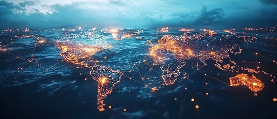 Aerial view of a glowing global trade network with interconnected routes and hubs visualizing the worldwide connectivity of maritime business and shipping that powers the global economy at night