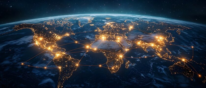Aerial view of an illuminated global network of trade routes and shipping lanes connecting international markets and cities across continents and oceans at night  Concept of worldwide logistics
